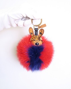 MCM Robbit Bag Charm, Fox Fur, Red/Blue, Box